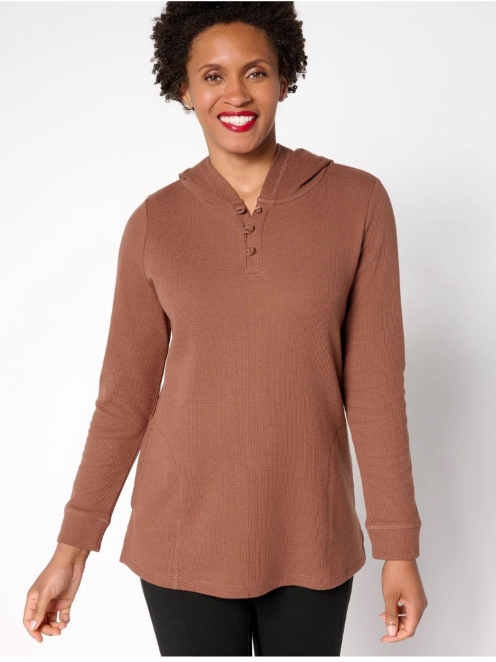 Denim&Co Waffle Knit Hooded Henley Tunic Top NWT Size XS Brown QVC